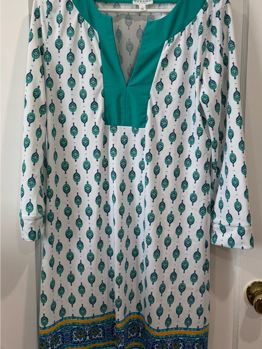 Cabana Life White Dress with Teal Placket and Green-Blue Pattern with UPF 50+